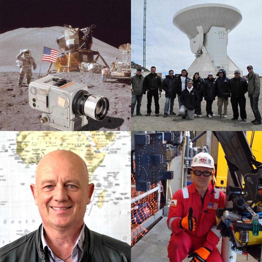 Collage: Apollo-era lunar camera, team at a large radio telescope, portrait of founder Arnauld Dumont-Lunardelli, and Arnauld offshore beside a subsea survey system